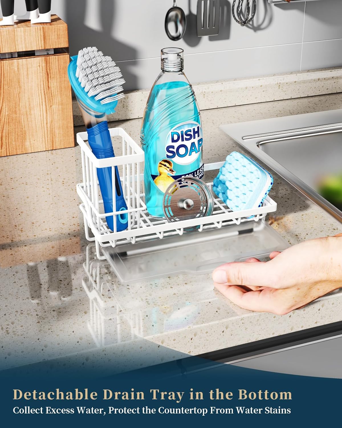 Consumest Sponge Holder for Kitchen Sink - Sink Caddy Organizer with Removable Drip Tray for