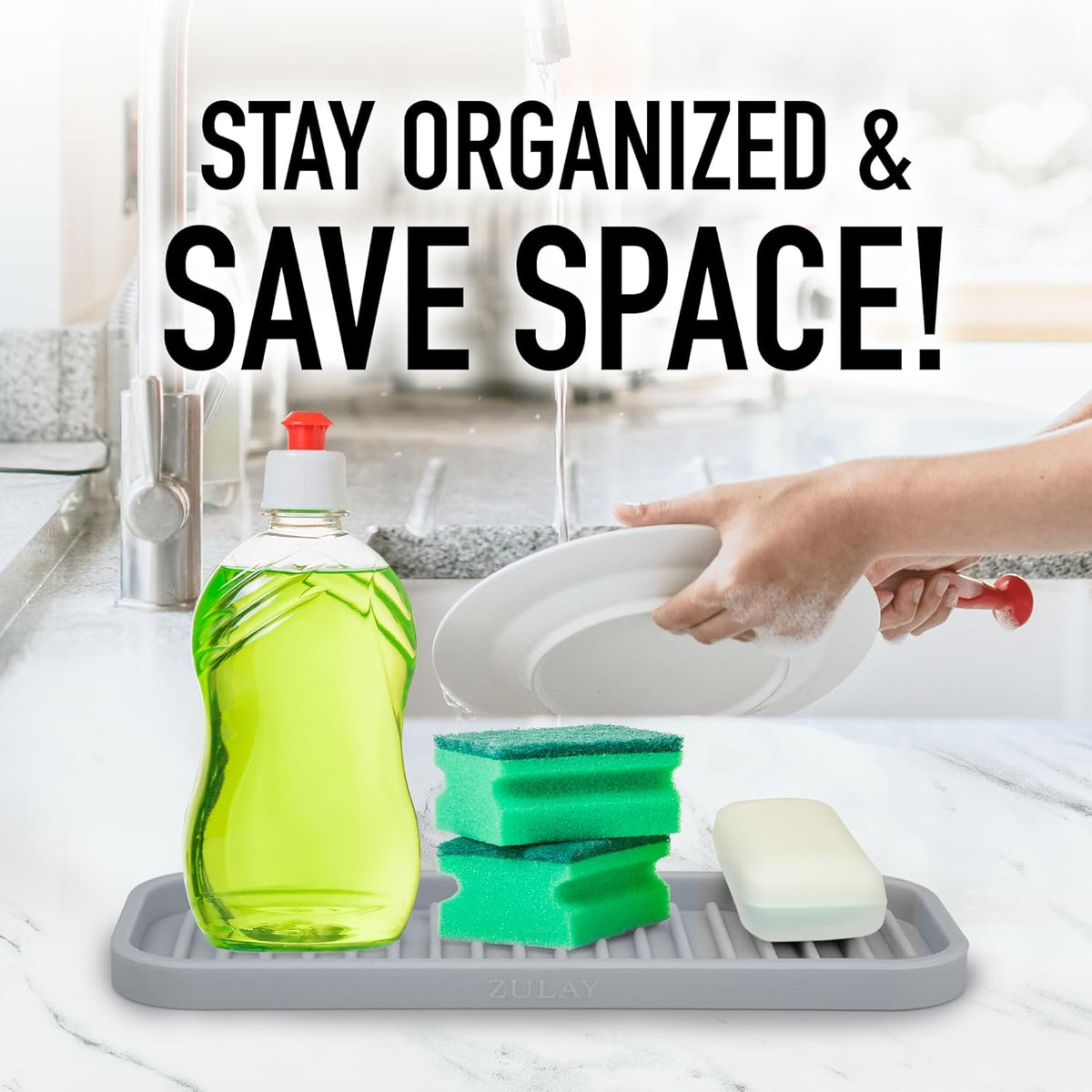 Zulay Kitchen (9x3.5) Silicone Sponge Holder for Kitchen Sink - Flexible Multipurpose Soap Tray