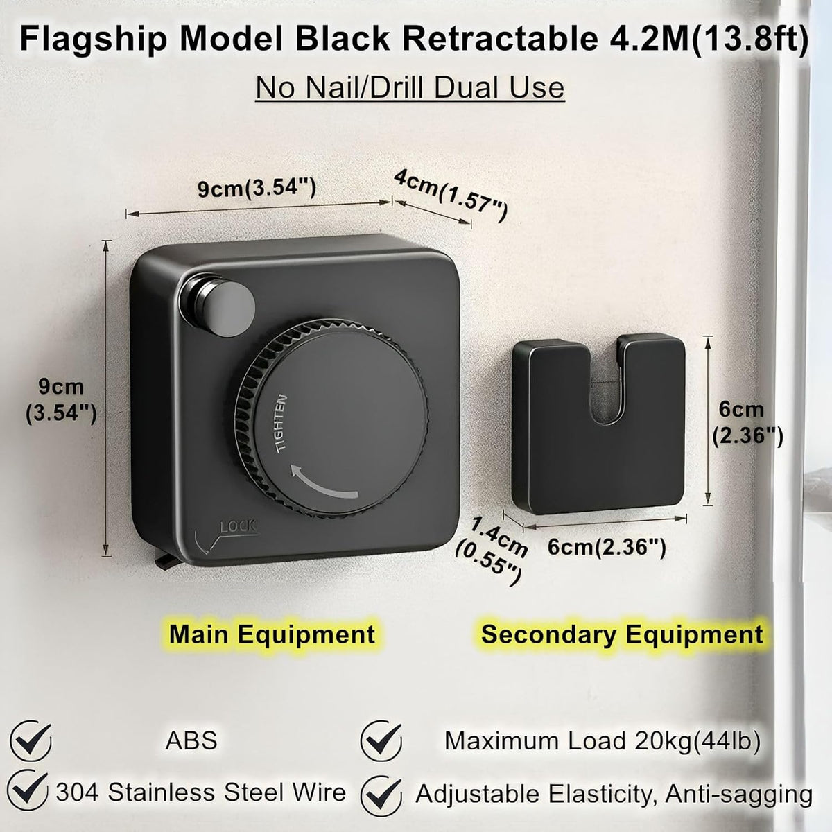 13.8ft(4.2M) Retractable Clothesline, Non-sag Clothesline, Indoor & Outdoor Heavy Duty Retractable