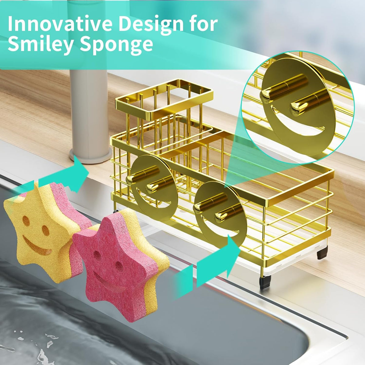 HapiRm Sink Caddy Sponge Holder - Self-draining Kitchen Sink Organizer with Smiley Face and Brush