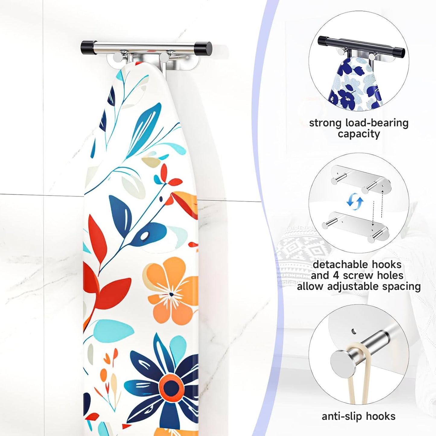 Ironing Board Holder Wall Mount,Ironing Board Hanger with Removable Hooks, Laundry Rooms Stainless