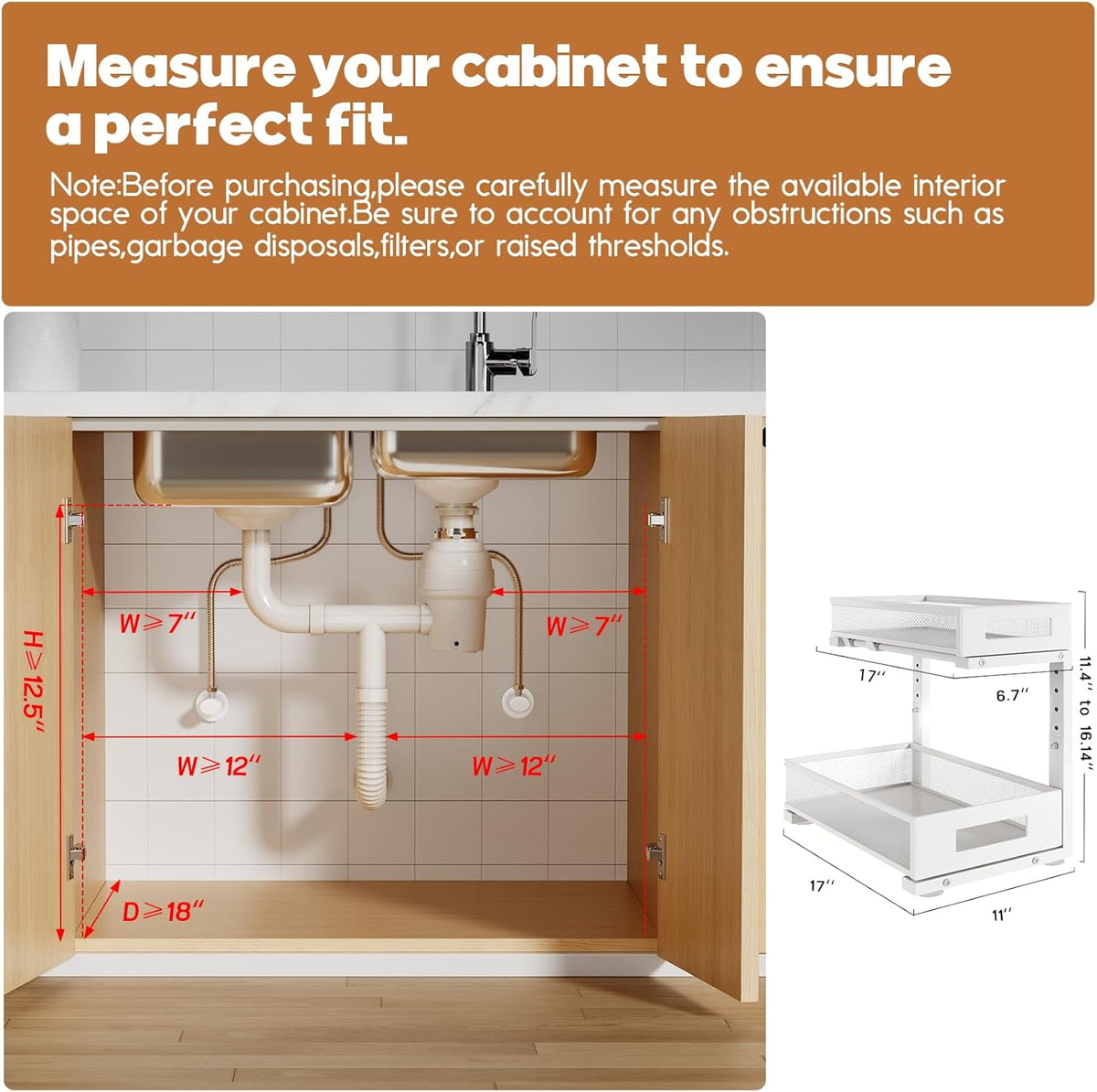 2 Pack 17IN Depth Under Sink Storage Organizer, Large 2-Tier Elegant Mesh Pull Out Shelf for