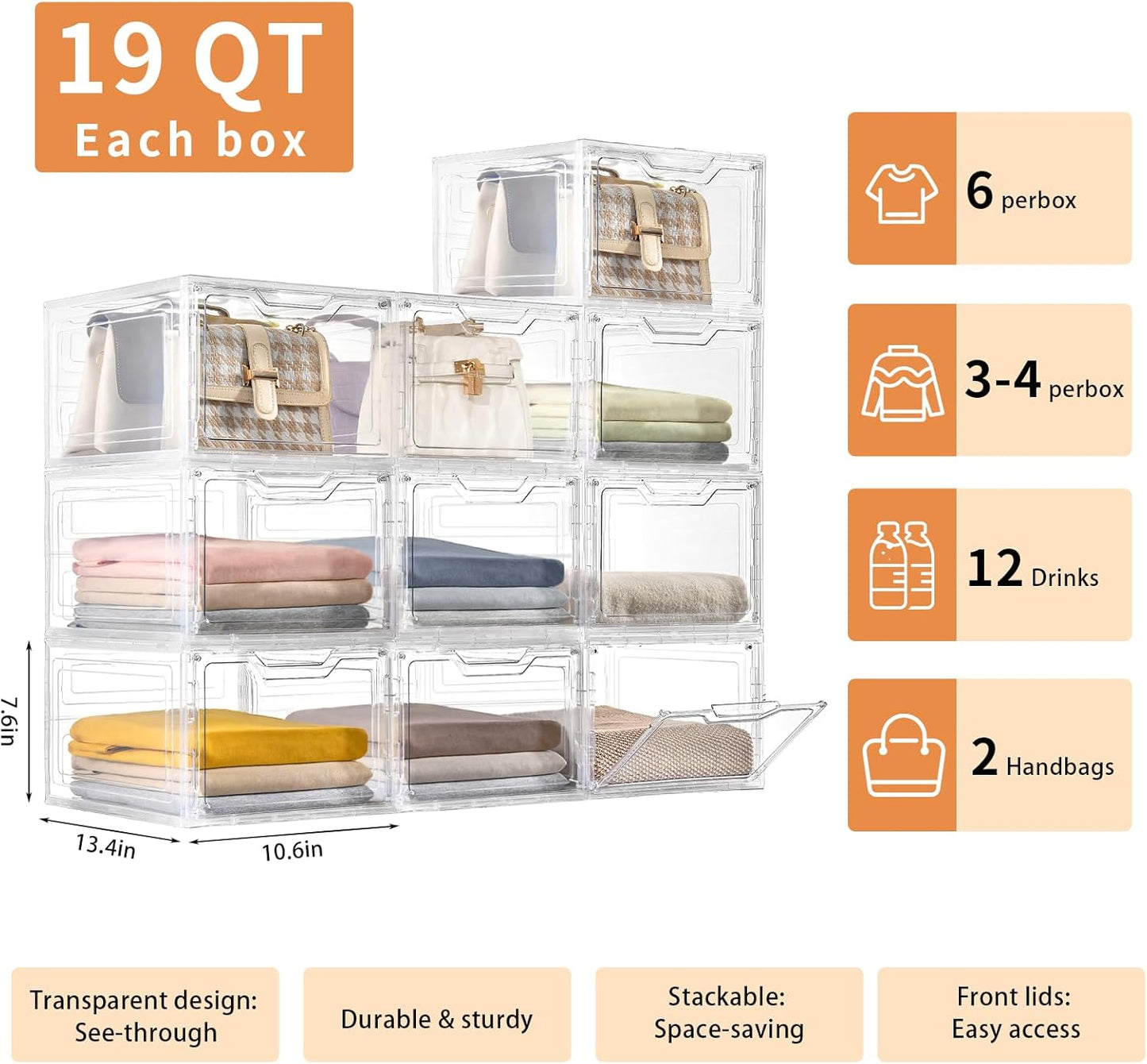 6 Pack Closet Organizers and Storage,Clear Stackable Plastic Storage Bins with Lids Magnetic