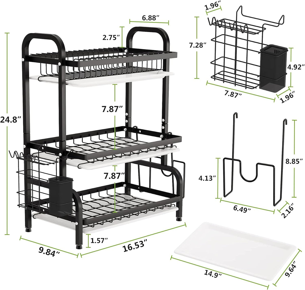 1Easylife Drying Rack, Metal 3-Tier Large Capacity Dish Rack with Utensil Holder, Cutting Board