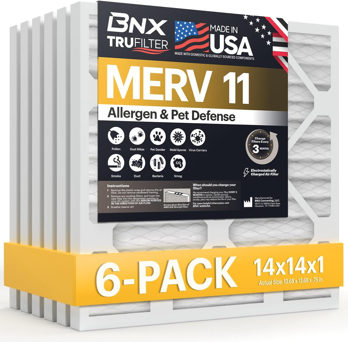 BNX TruFilter 14x14x1 Air Filter MERV 11 (6-Pack) - MADE IN USA - Allergen Defense Electrostatic