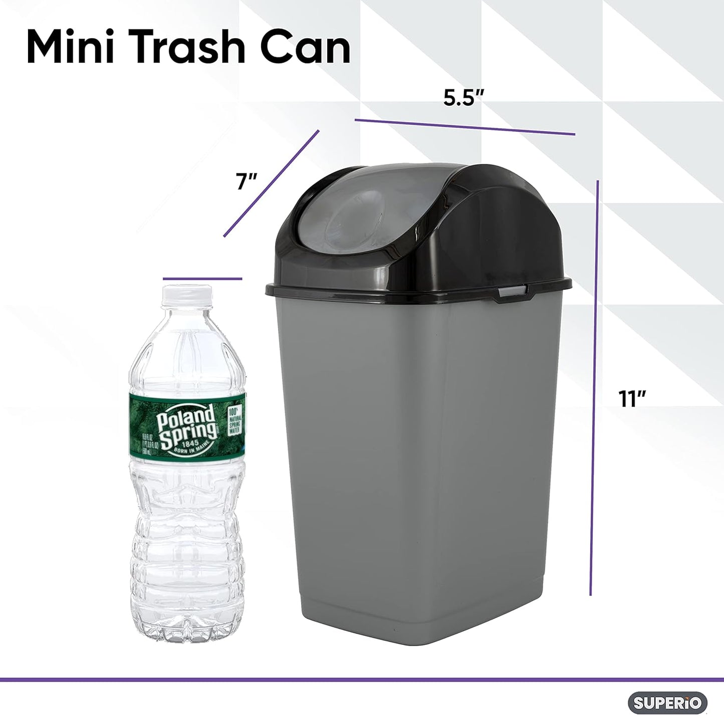 Superio Mini Plastic Trash Can with Swing Top Lid 1.25 Gallon Compact Small Waste Bin Portable
