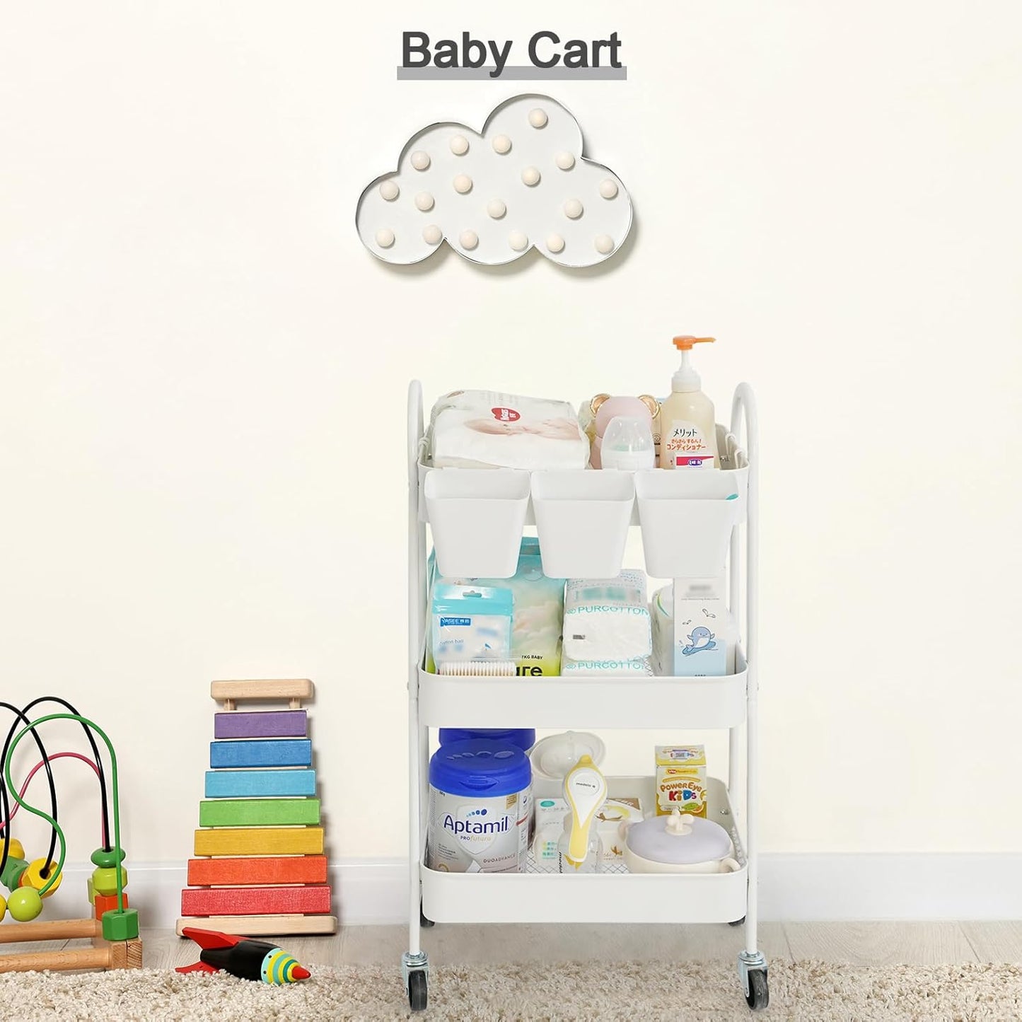 danpinera 3-Tier Rolling Cart, Metal Rolling Storage Cart with Lockable Wheels & Hanging Cups &