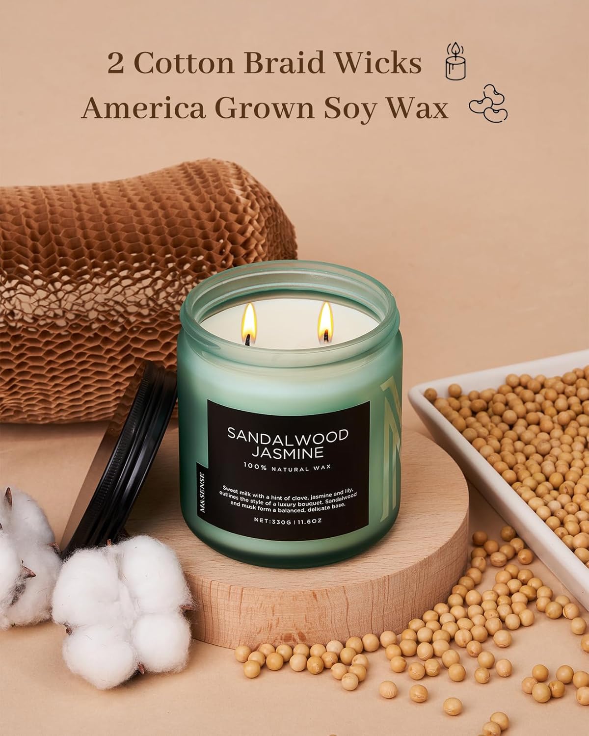 M&SENSE Sandalwood Jasmine Scented Candle, 11.6oz 70 Hours Burn Time Clean Non Toxic Natural Soy