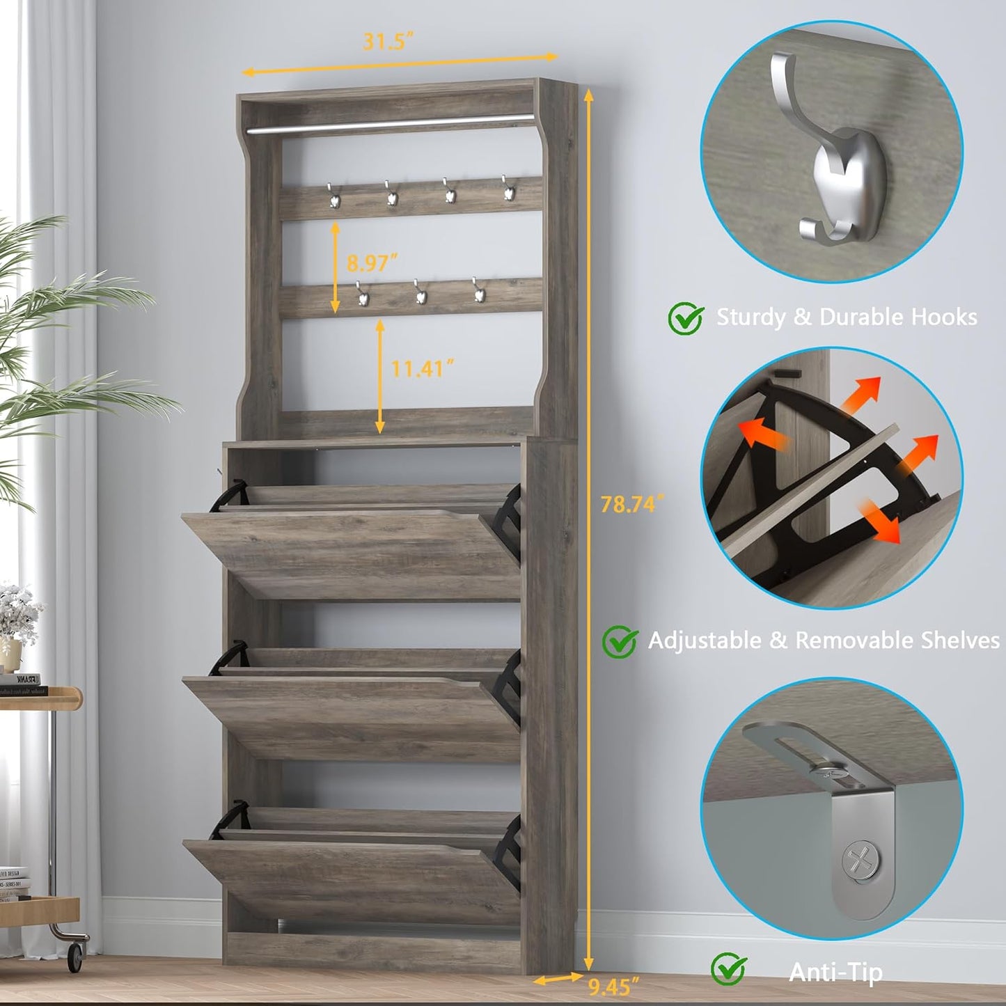 Shoe Cabinet with 3 Flip Drawers & Coat Rack, Narrow Hidden Shoe Storage Cabinet, 2-in-1 Hall Tree