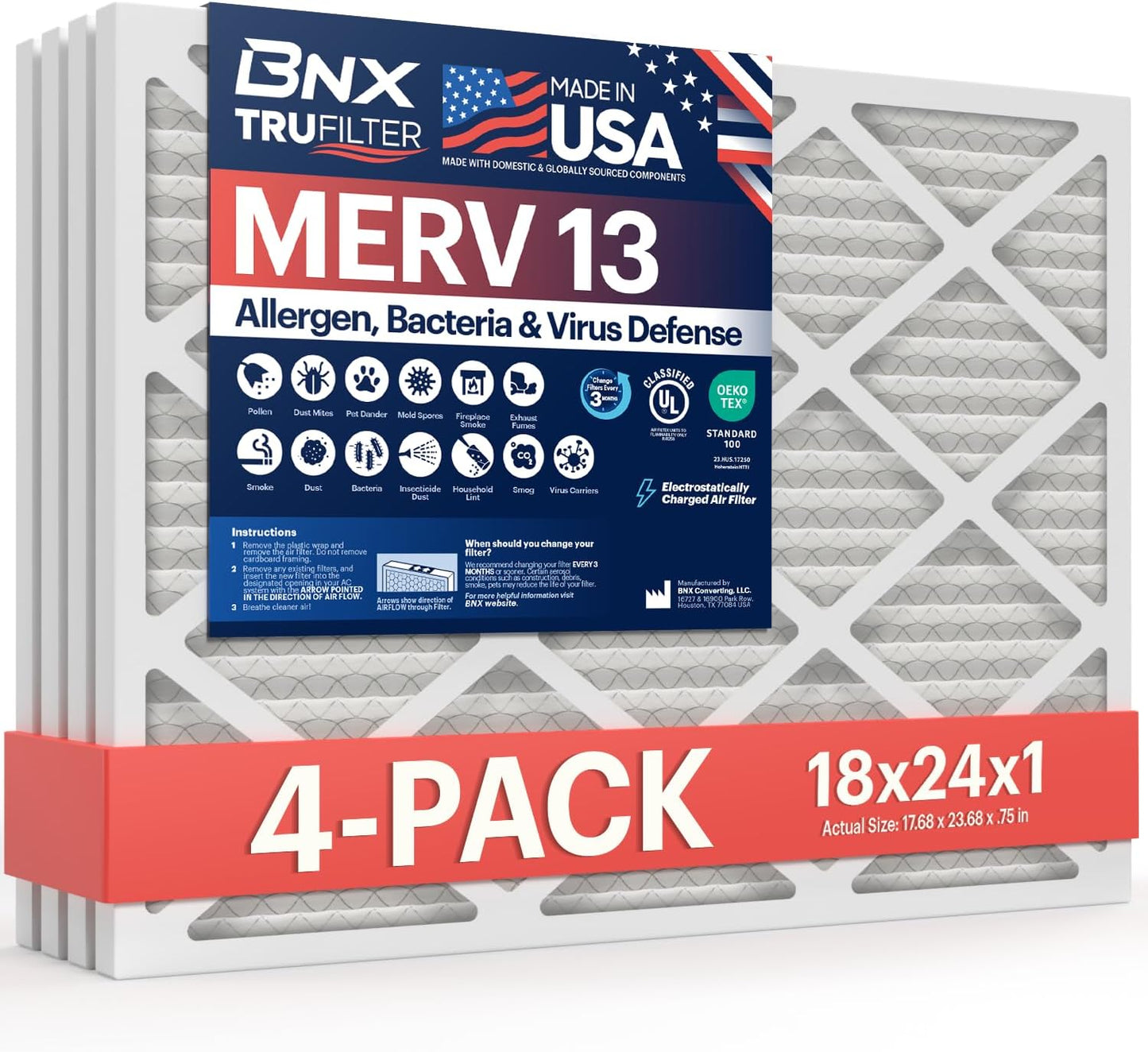 BNX TruFilter 18x24x1 Air Filter MERV 13 (4-Pack) - MADE IN USA - Electrostatic Pleated Air