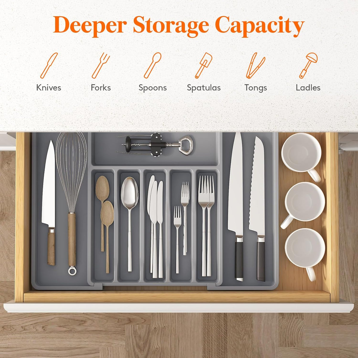Lifewit Deep Silverware Drawer Organizer for Kitchen, Expandable Utensil Tray, Adjustable Flatware