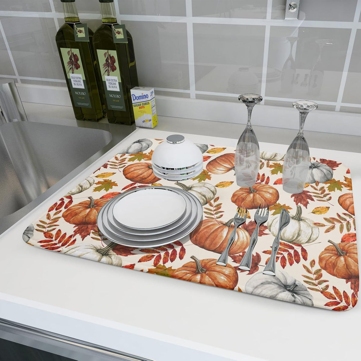 Fall Dish Drying Mat for Kitchen Counter 18x24 Inch Fall Pumpkin Kitchen Mat Thanksgiving Harvest
