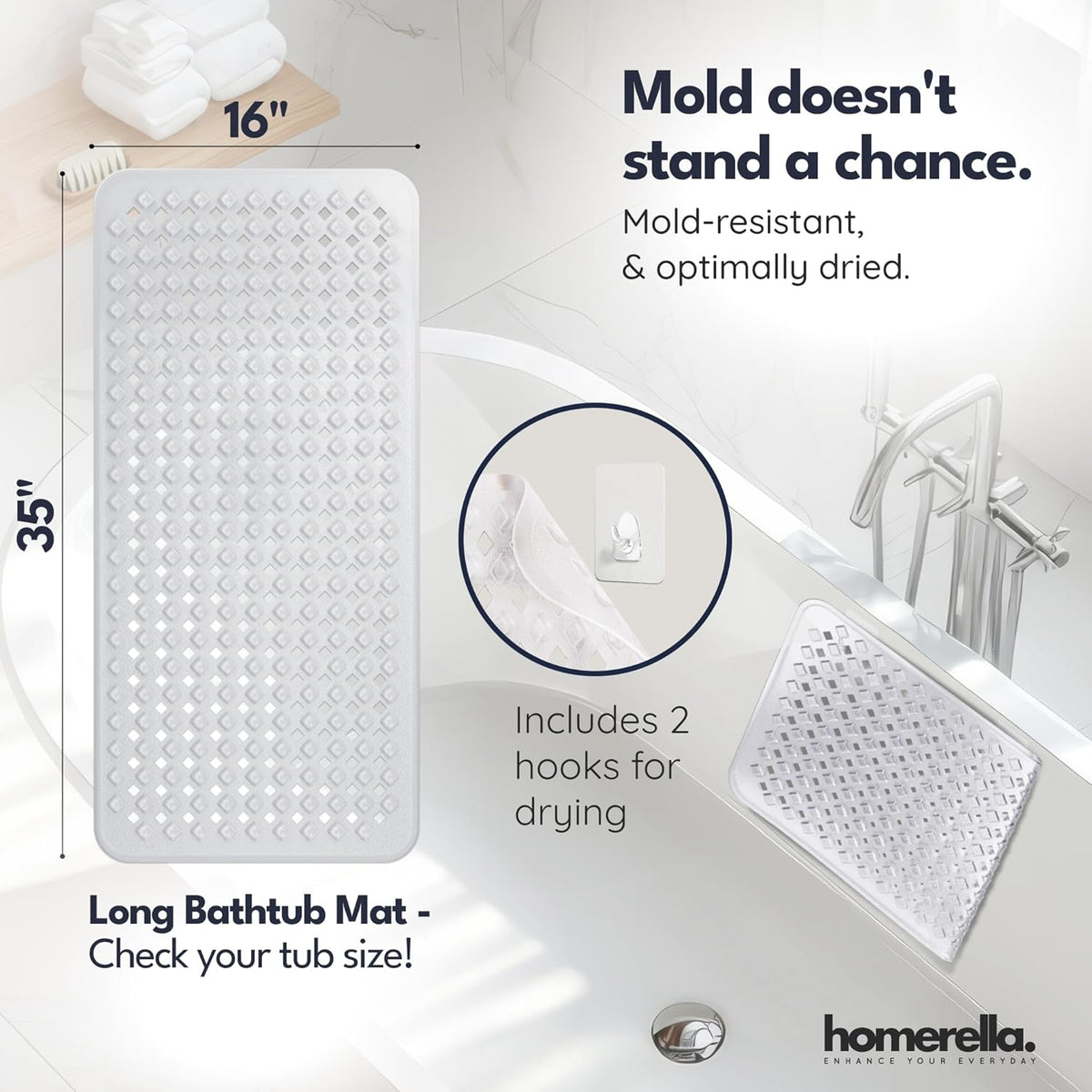 homerella® Bathtub Mat Non Slip 35x16, Incl. Hooks for Drying, Extra Long, 100% BPA Free, Shower