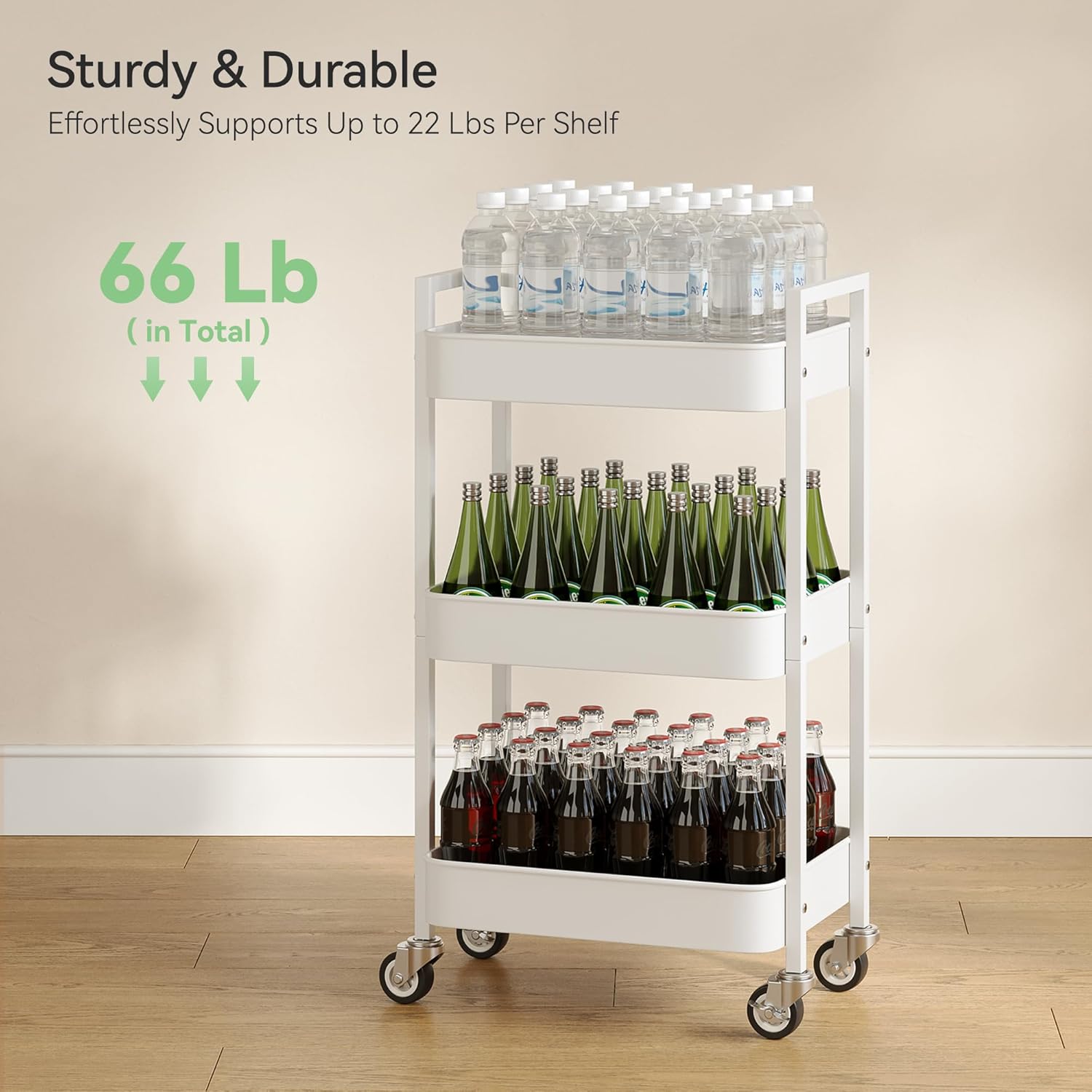 3 Tier Rolling Cart,Utility Cart with Locking Wheels, Hanging Cups,&Hooks, Heavy Duty Metal Storage