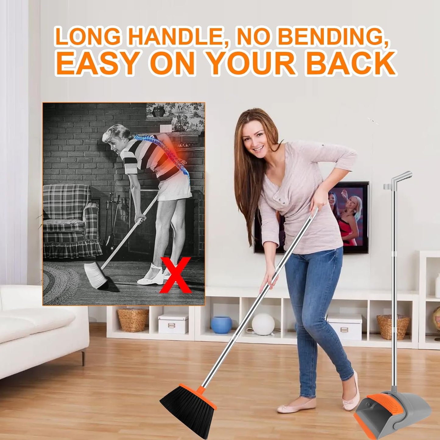 Broom and Dustpan Set for Home, Broom with Dustpan Combo Set, 51" Long Handle Dust Pan Set for