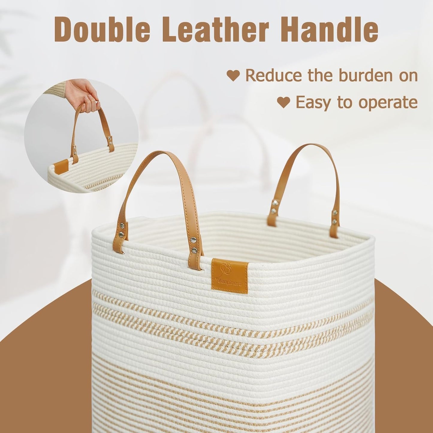 danpinera 100L Nursery Hamper, Tall Woven Laundry Basket with Long Leather Handles, Boho Laundry