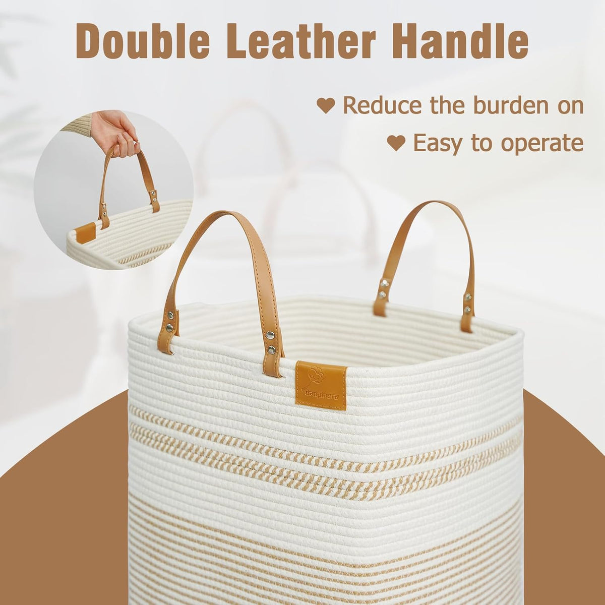 danpinera 100L Nursery Hamper, Tall Woven Laundry Basket with Long Leather Handles, Boho Laundry