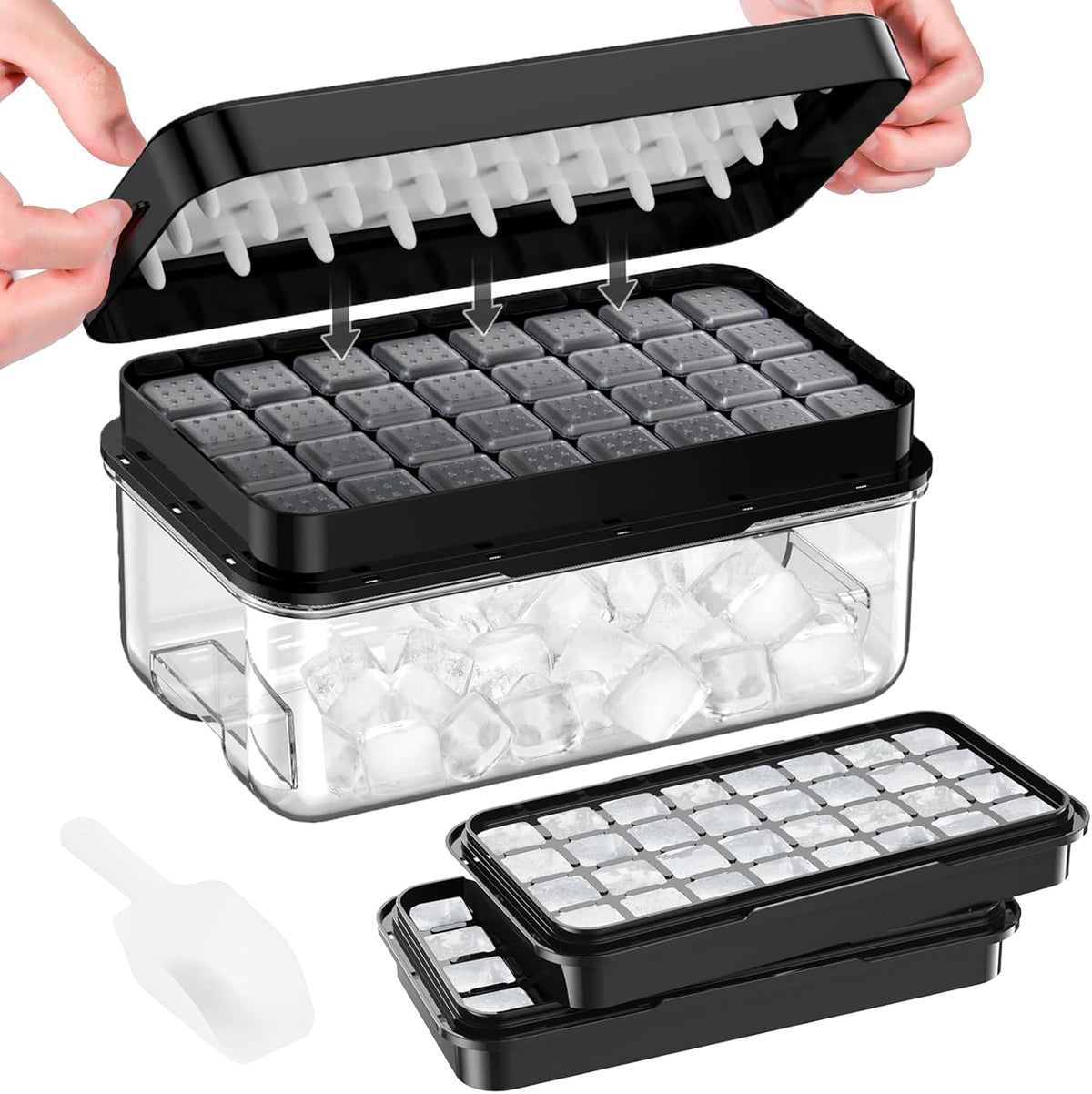 Ice Cube Tray with Lid and Bin, PHINOX 64 pcs Ice Trays for Freezer, Ice Cube Trays for Freezer