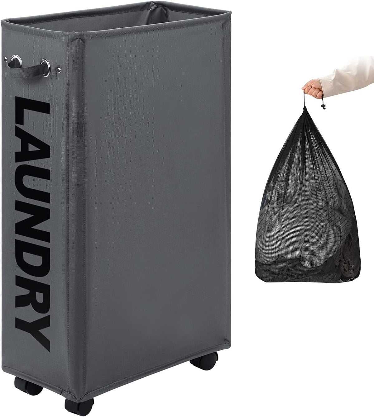 DOKEHOM 29-Inches Enlarged Slim Laundry Basket with Removable Wash Bag on Wheels, Collapsible