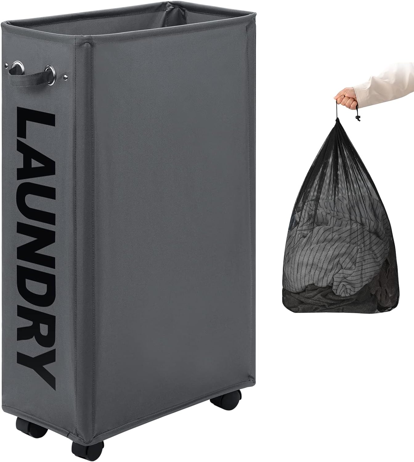 DOKEHOM 29-Inches Enlarged Slim Laundry Basket with Removable Wash Bag on Wheels, Collapsible