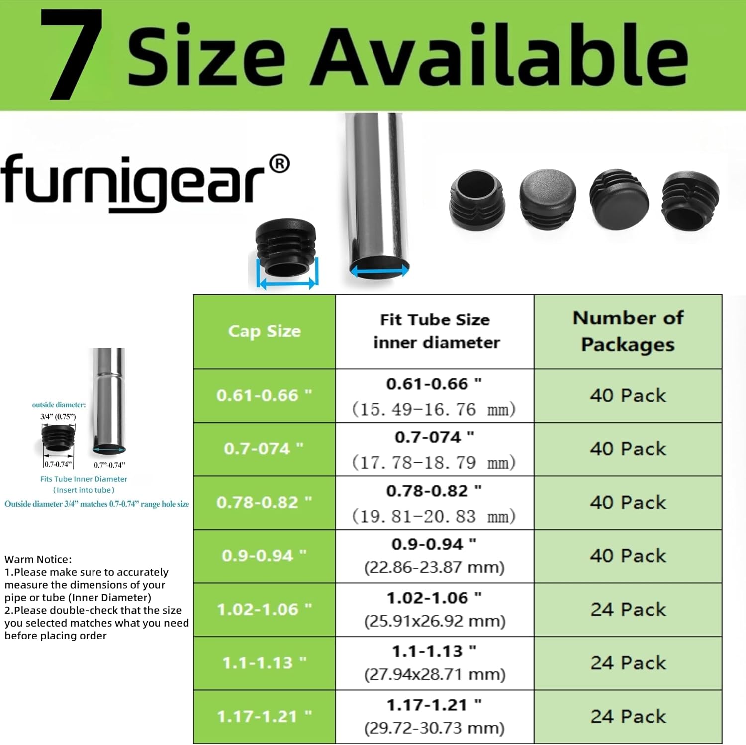 Plastic Plugs Tubing End Caps Chair End Caps Furnigear 3/4" Outside Bottom Round Tubing Caps Black