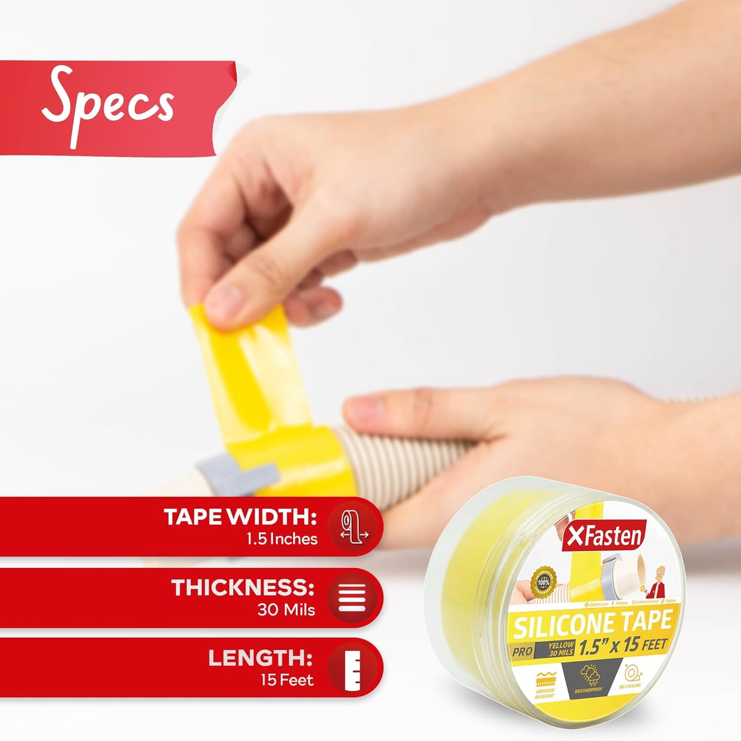 XFasten Self-fusing Silicone Tape Pro, Yellow, 1.5-Inch x 15-Feet, 30mils Non-Adhesive Thick