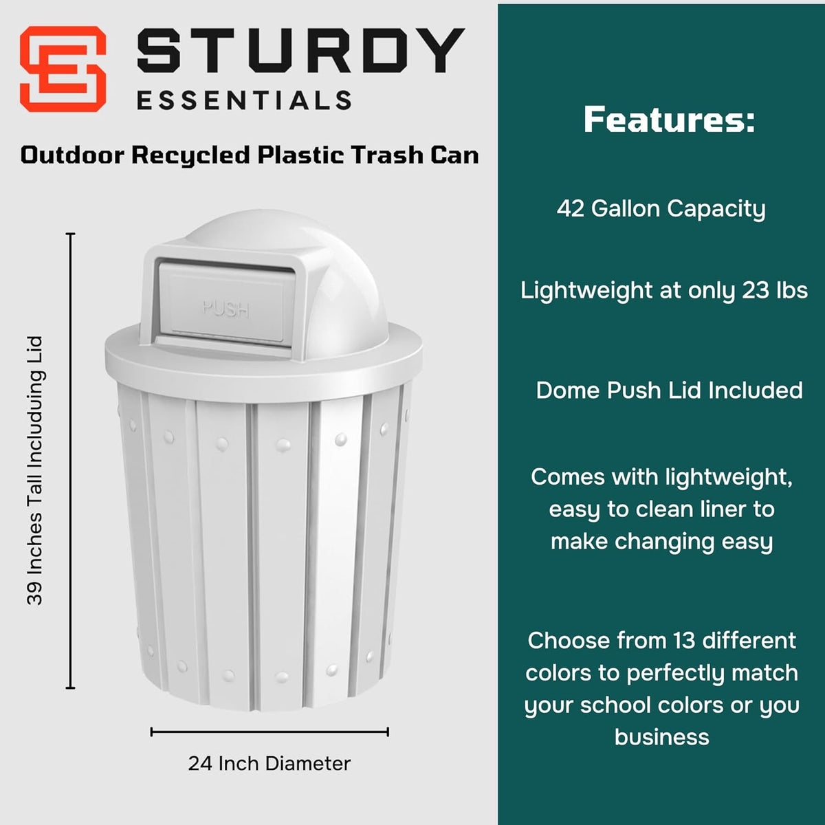 42 Gallon Slated Circle 100% Recycled Plastic Heavy Duty Outdoor Trash Can with Push Open Dome Lid