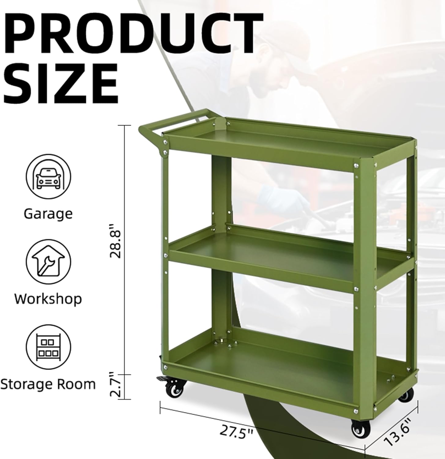 3 Tier Rolling Tool Cart with Lockable Silent Wheels, 330 LBS Capacity, Metal Service Cart for