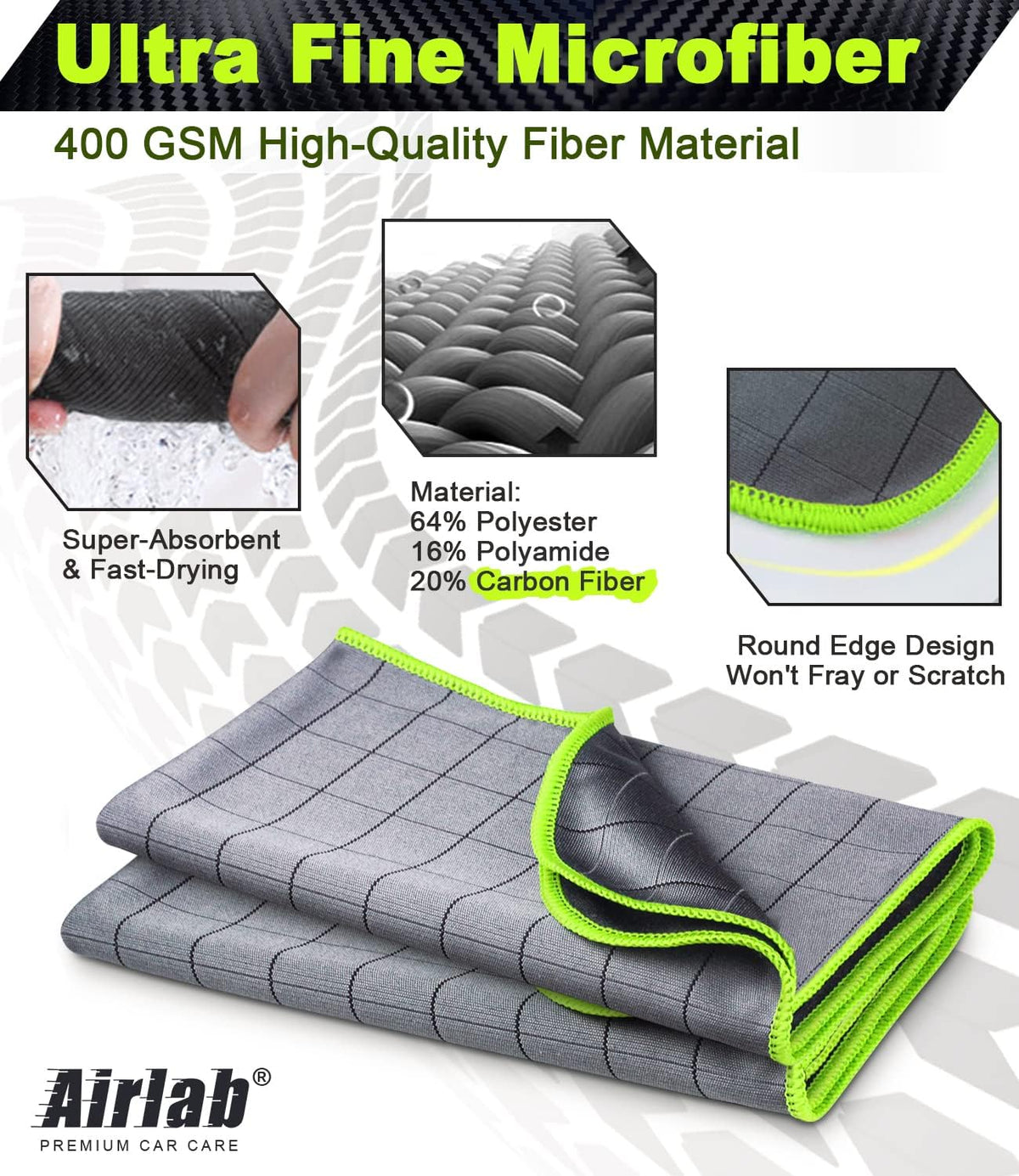 Airlab Carbon Microfiber Towels for Car Glass Window Polishing Cleaning Cloth Auto Detailing Lint