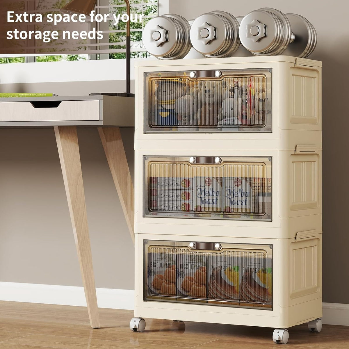 3 Tier - 34QT Storage Bins with Lids, Collapsible Storage Bins with Doors and Wheels, Plastic
