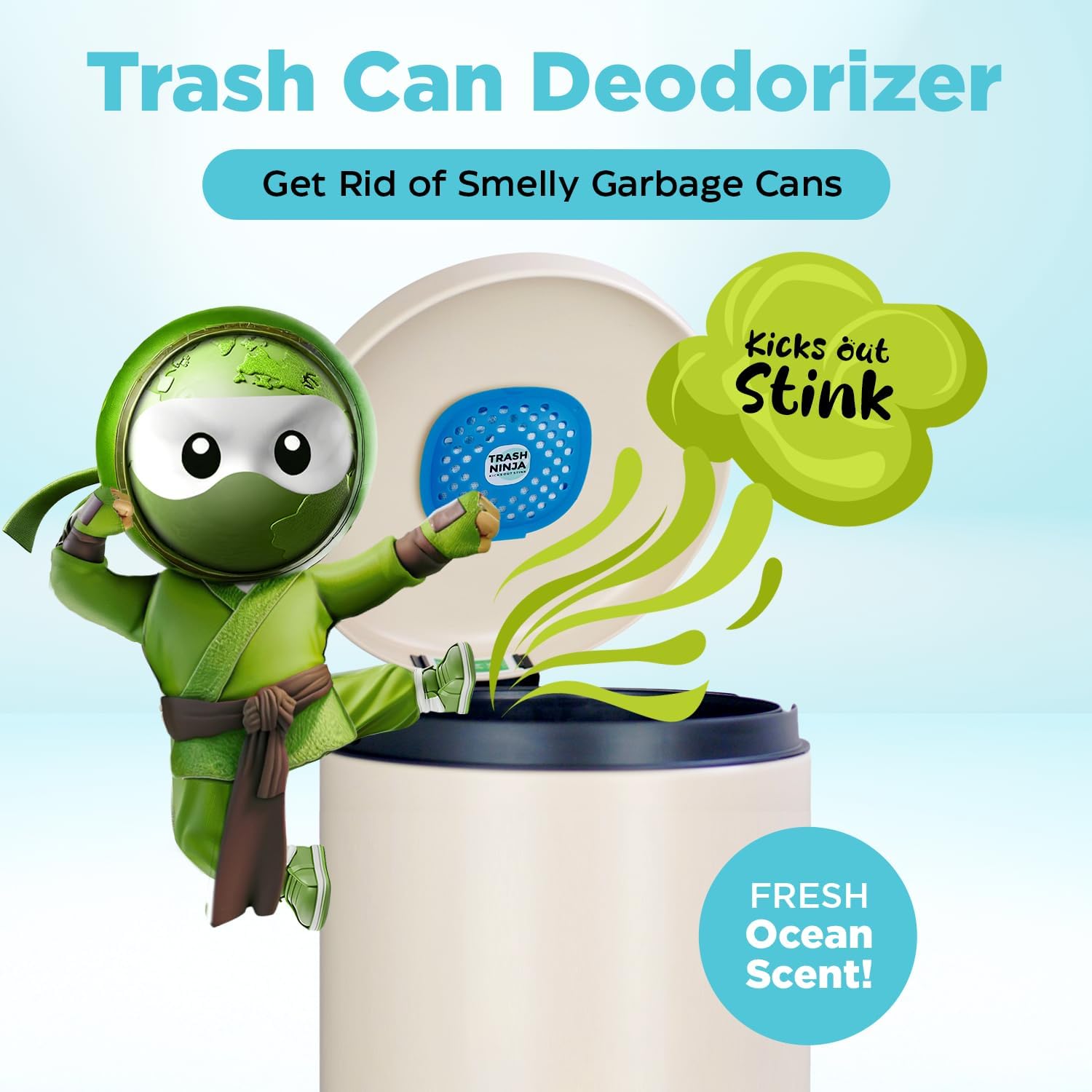 Trash Ninja Trash Can Deodorizer – Stick-On Air Freshener with Activated Charcoal and Fresh Ocean