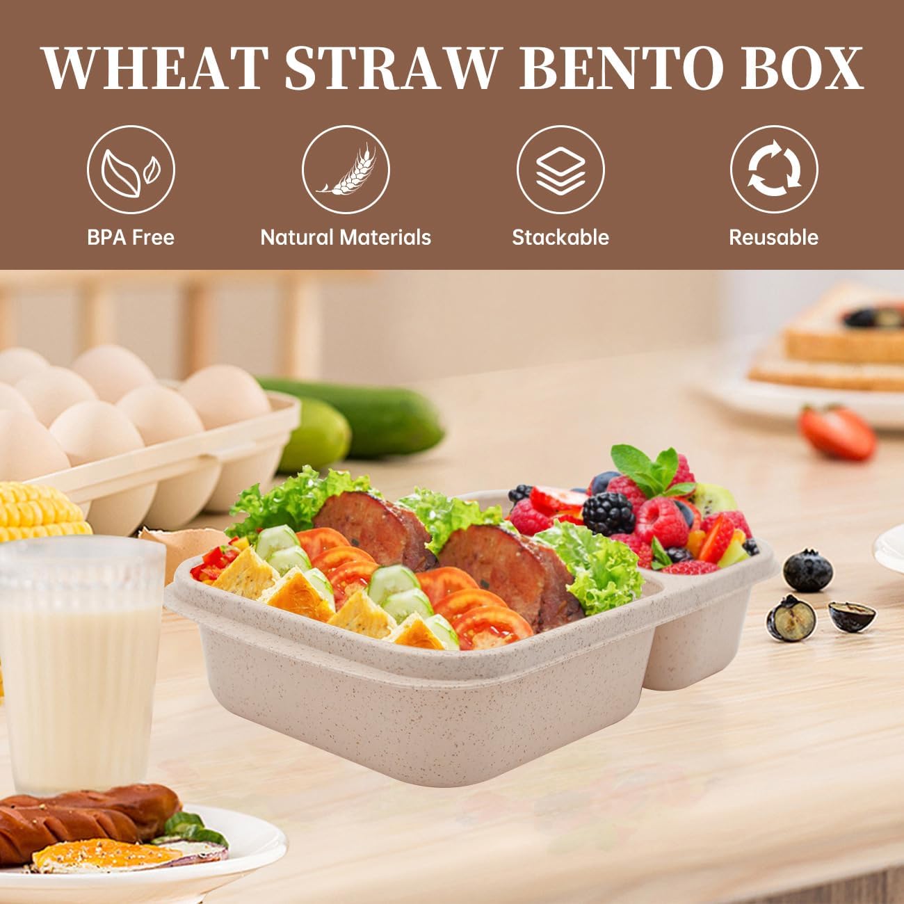 4 pack Bento Lunch Box, 2 Compartments Meal-Prep Containers with Lids, Microwave & Dishwasher Safe