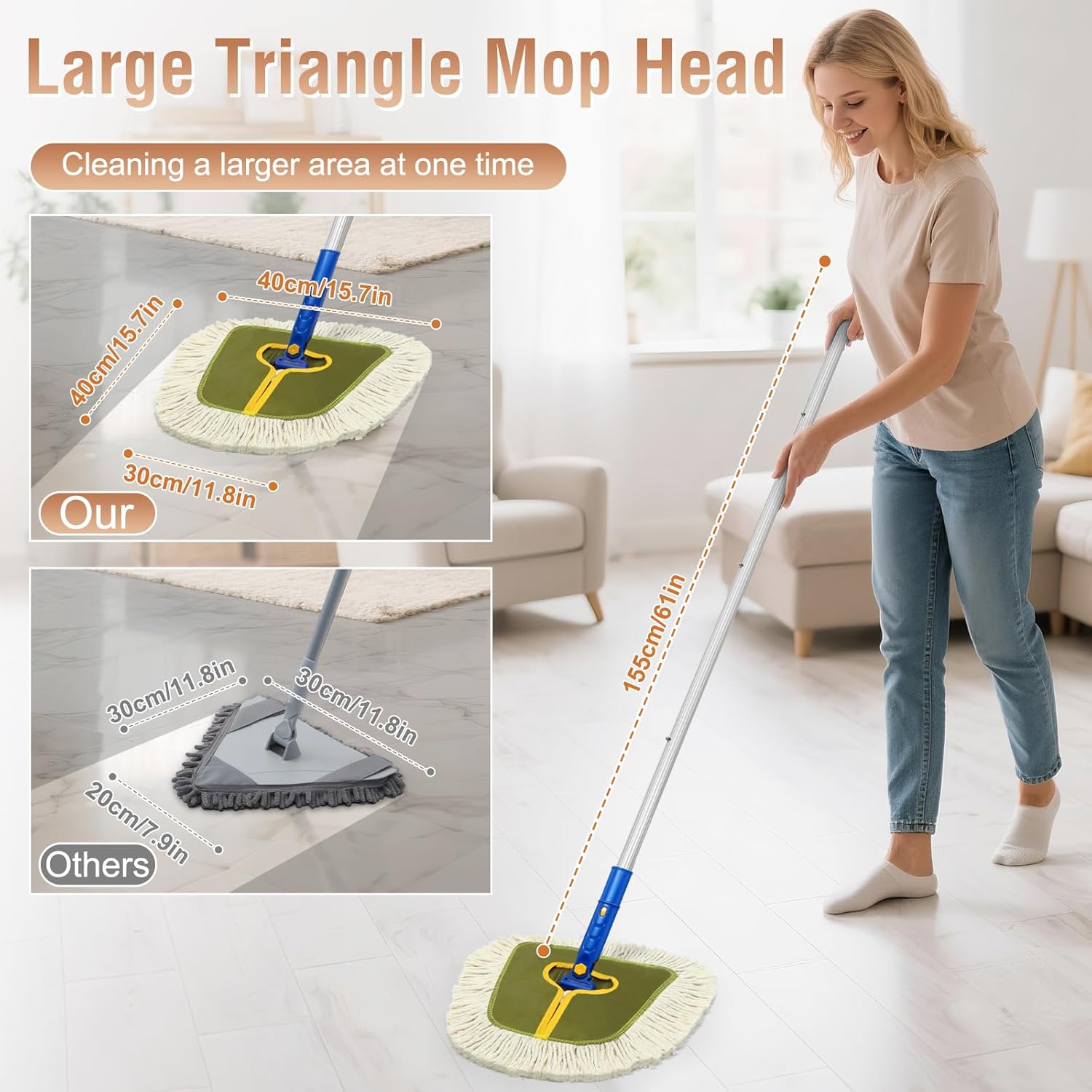 Commercial Dust Mop for Hardwood Floors, Industrial Dry Mops with Replacement Wedge Cotton Mop Pads