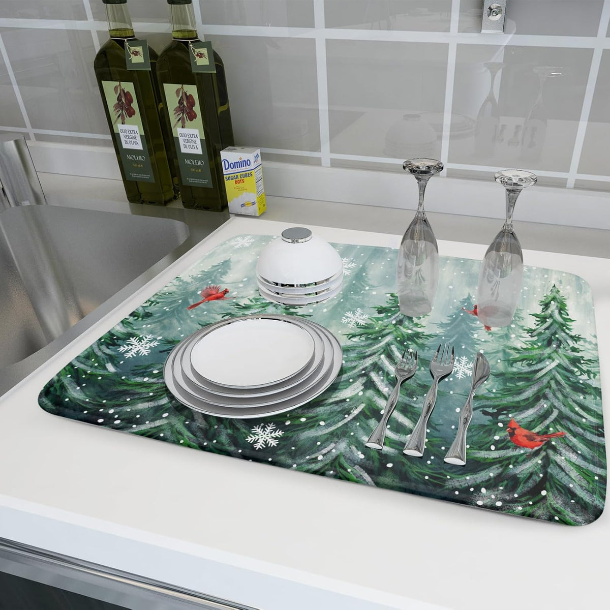 Welcome Winter Pines Tree Dish Drying Mat, Winter Snowflake Dish Drying Mat for Kitchen Counter