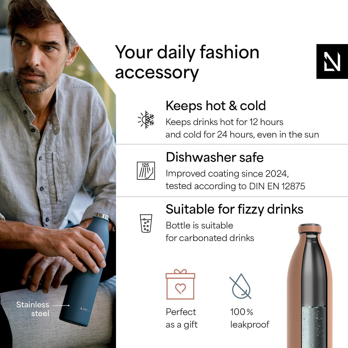 LARS NYSØM Stainless Steel Insulated XL Water Bottle 12oz 17oz 25oz 34oz 51oz | Insulated Thermo