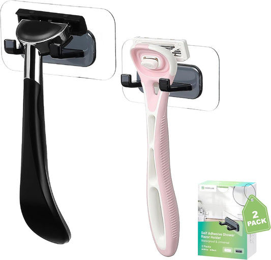 Hook LAB Self-Adhesive Shower Razor Holder, 2-Pack, Removable & Reusable Waterproof Hooks, for