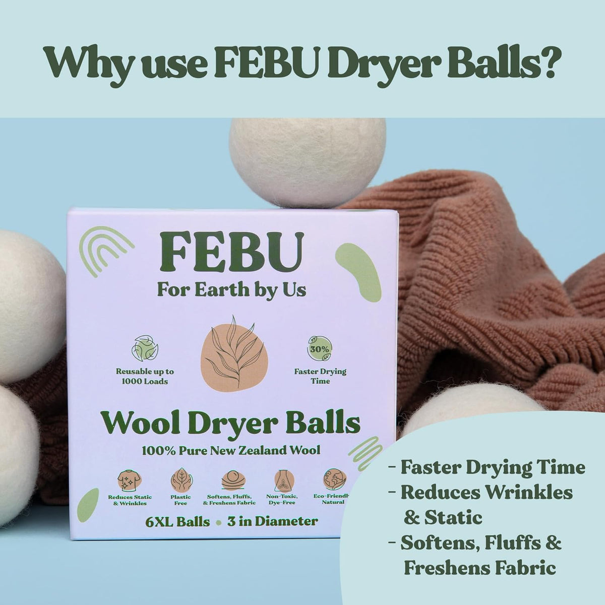 FEBU Wool Dryer Balls, 6-Pack, XL | 100% New Zealand Wool | Natural, Reusable Fabric Softener |