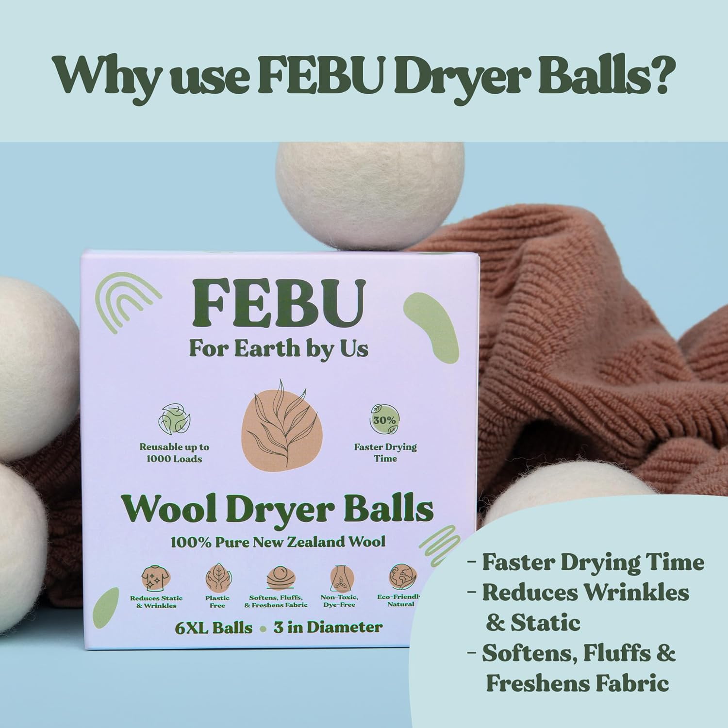 FEBU Wool Dryer Balls, 6-Pack, XL | 100% New Zealand Wool | Natural, Reusable Fabric Softener |