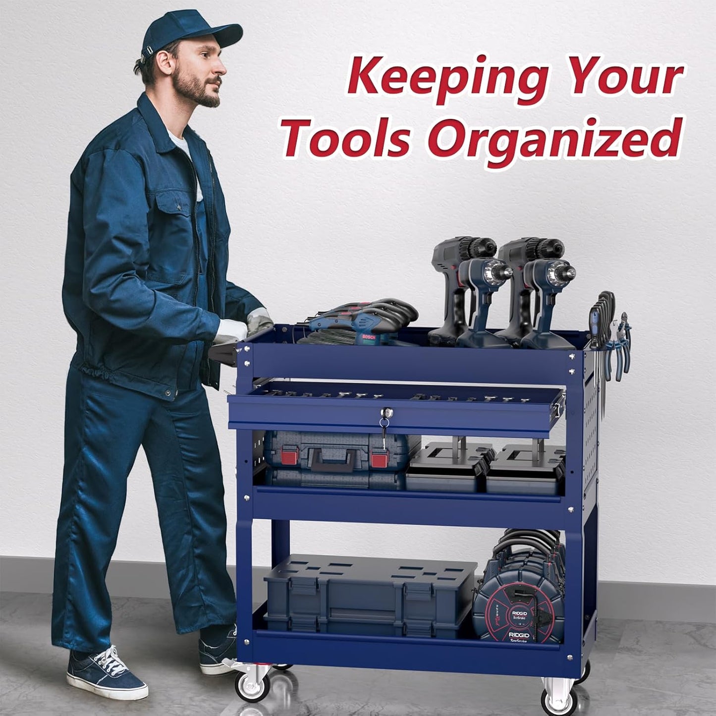 3 Tier Rolling Tool Cart on Wheels, Heavy Duty Service Cart Industrial Utility Cart with Drawer and
