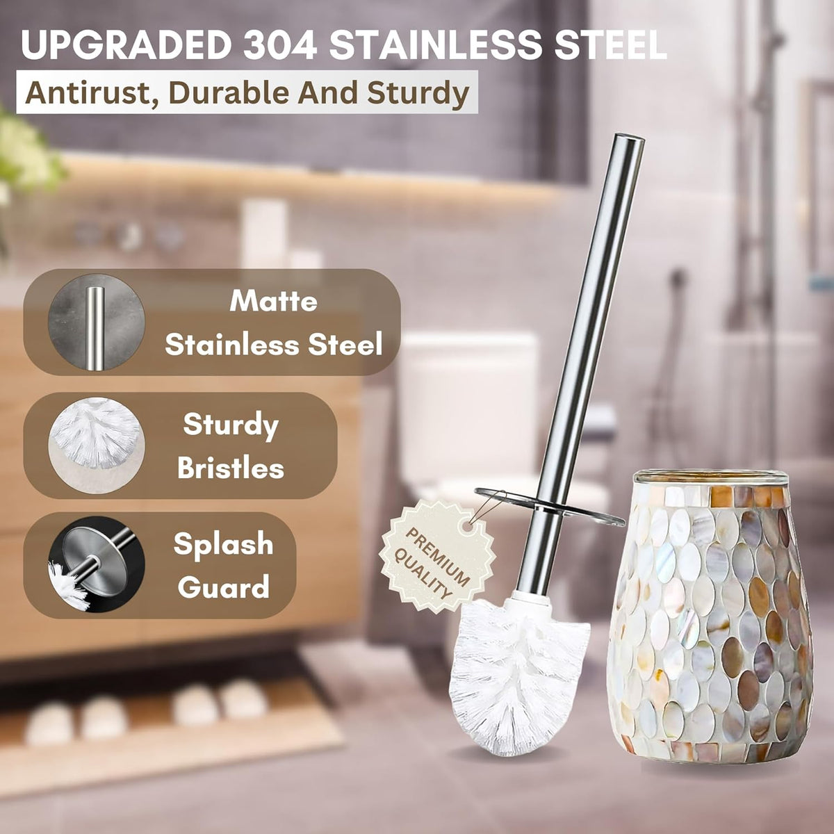 Escenzy Modern Toilet Brush and Holder Set | Natural Shell Mosaic Glass | Non-Rustic Stainless