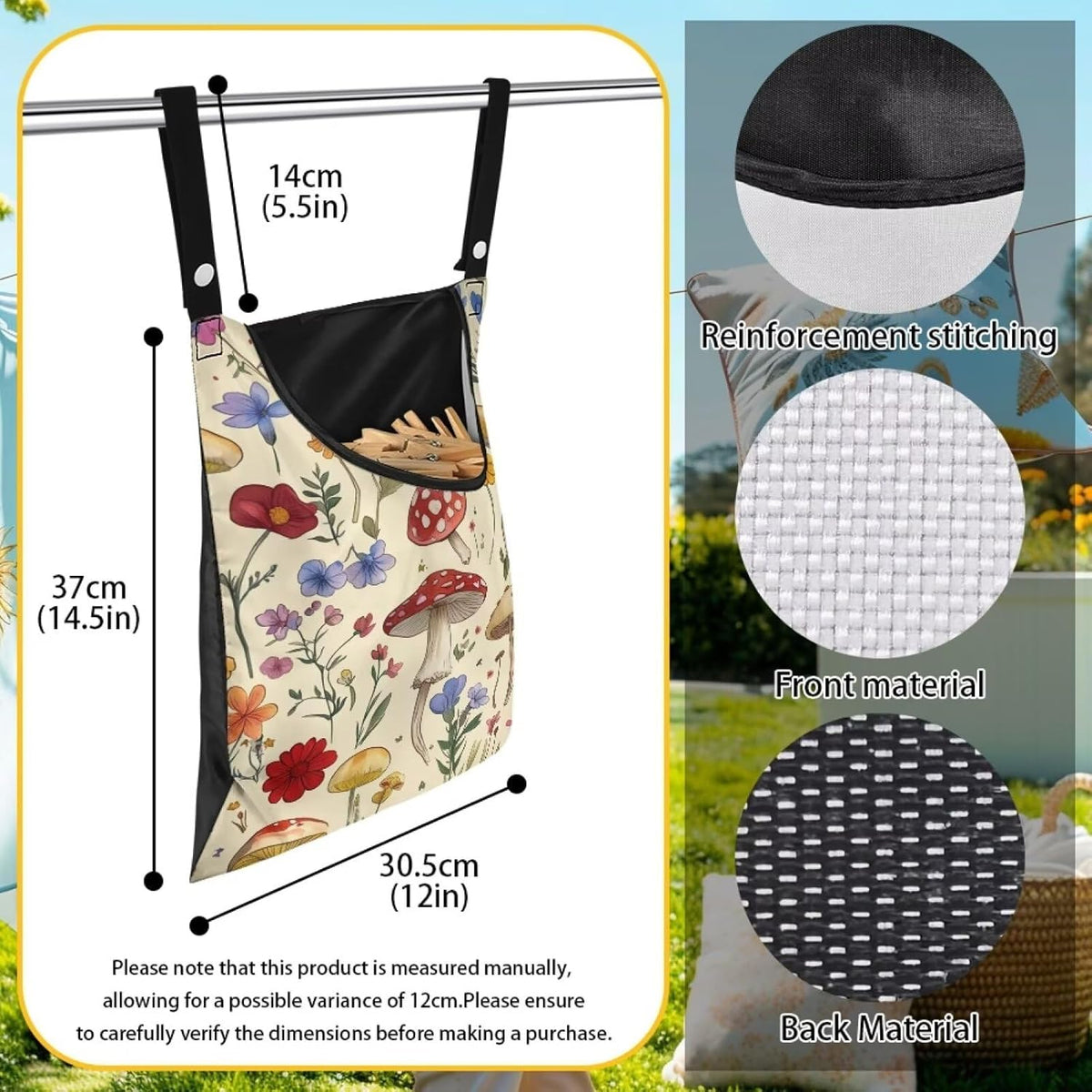 Mushroom Clothespin Bag with Hanging Hook - 12 x 14.6 Inch Waterproof Laundry Clothespin Holder