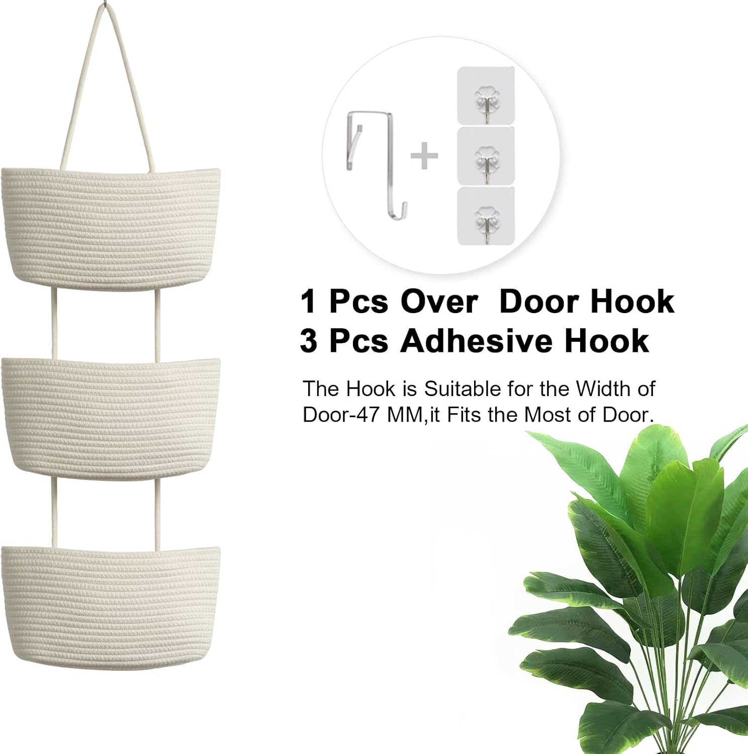 TeoKJ Over the Door Hanging Baskets, 3-Tier Woven Cotton Storage Organizer Bag with Hooks