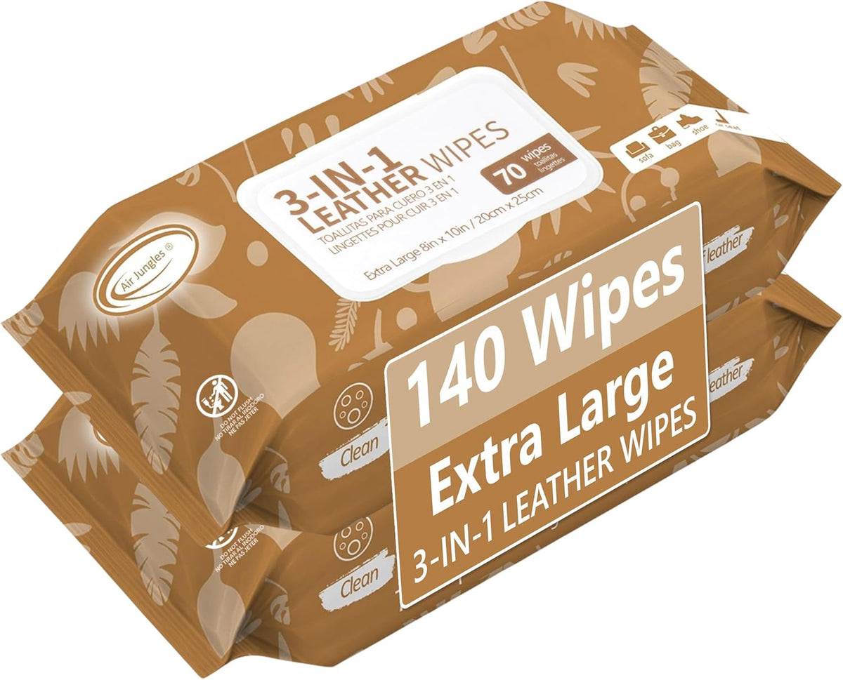 Air Jungles 3in1 Leather Wipes 140 Count, Extra Large 8" x 10" Size, Clean Condition Protect Wipes