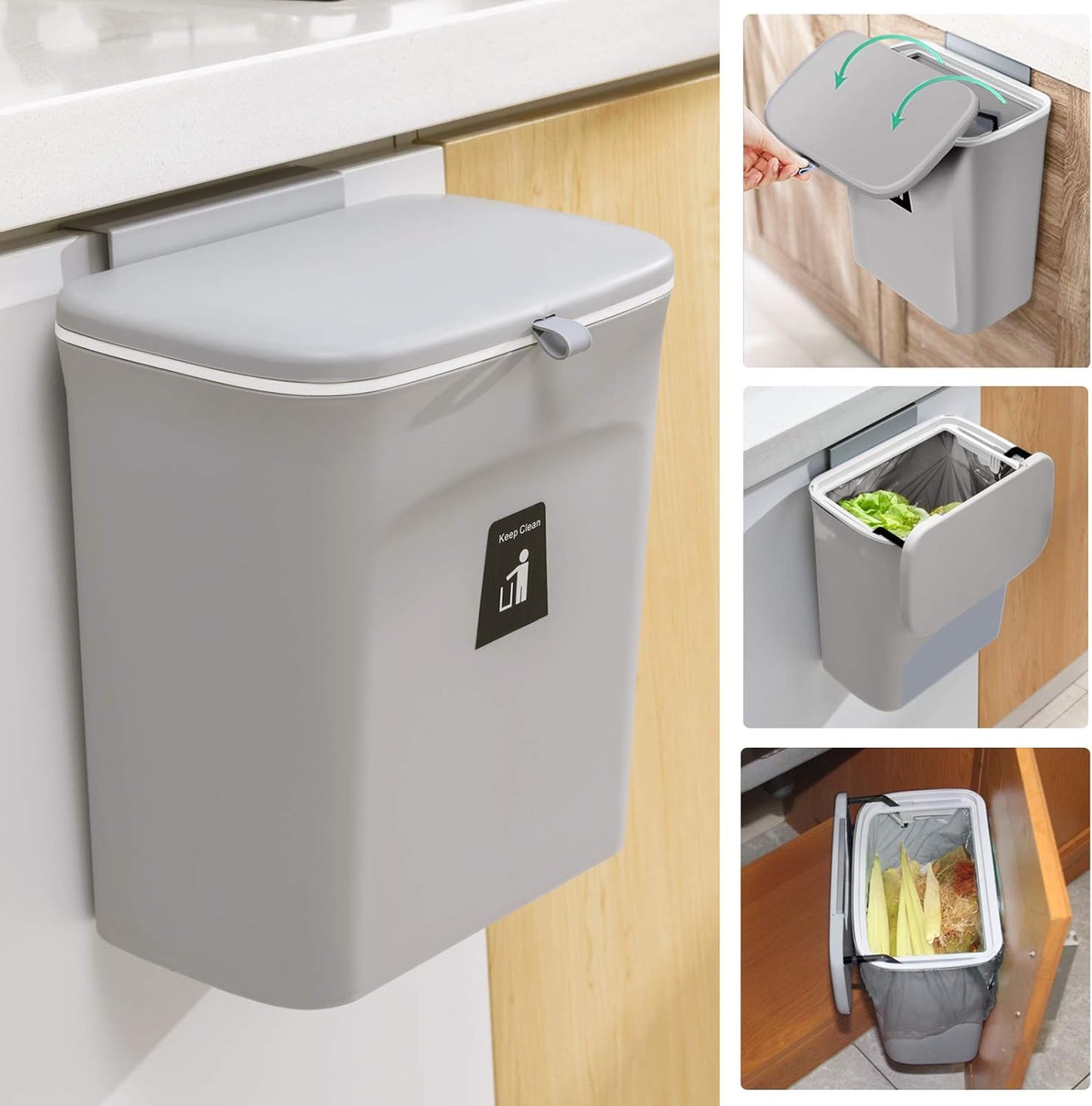 Tiyafuro 2.4 Gallon Kitchen Compost Bin for Counter Top or Under Sink, Hanging Small Trash Can with