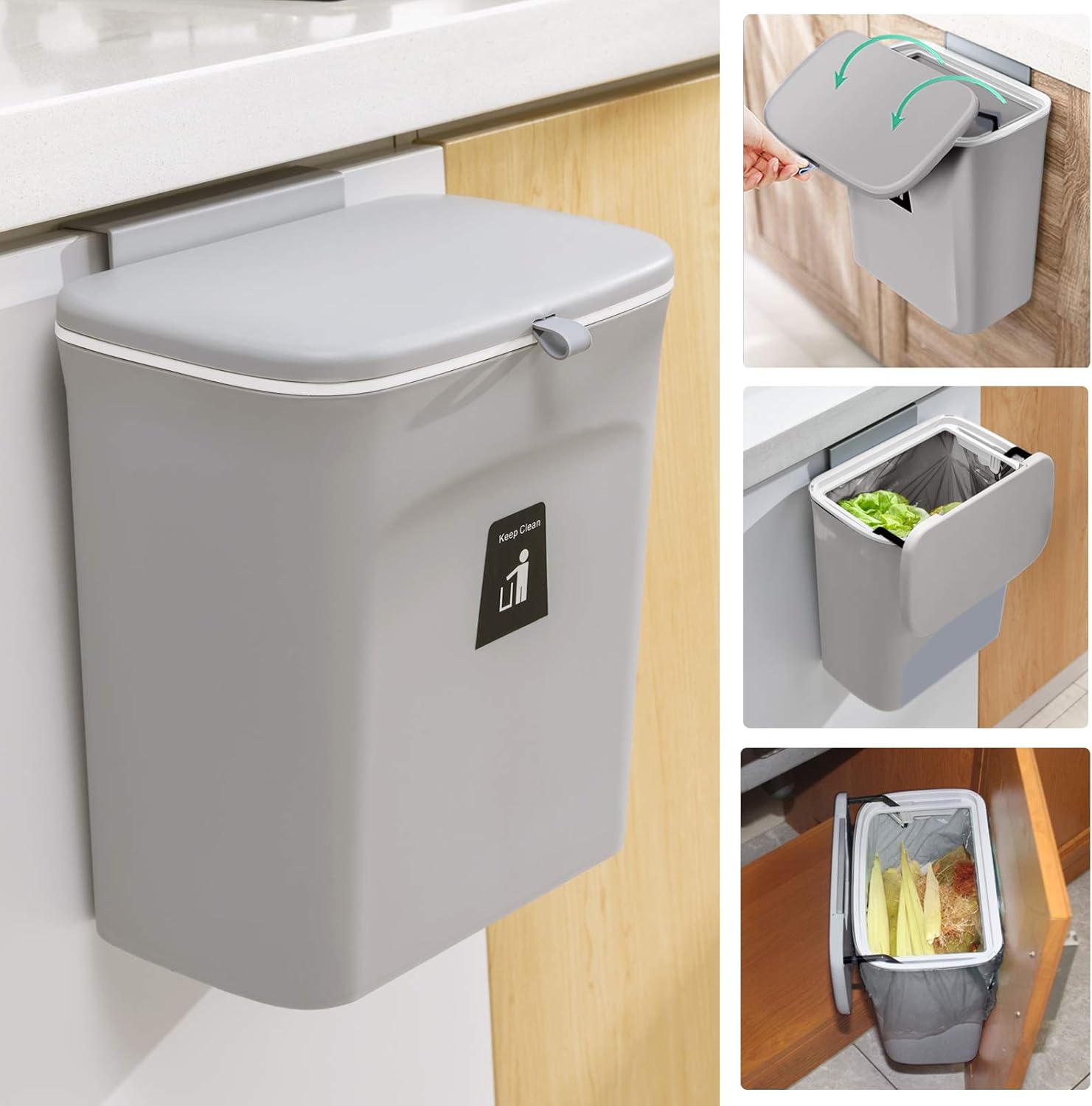 Tiyafuro 2.4 Gallon Kitchen Compost Bin for Counter Top or Under Sink, Hanging Small Trash Can with