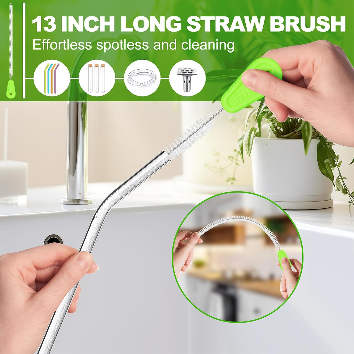 Bottle Brush Cleaner Set of 3, Long Handle Water Bottle & Straw Cleaner Brushes for Washing