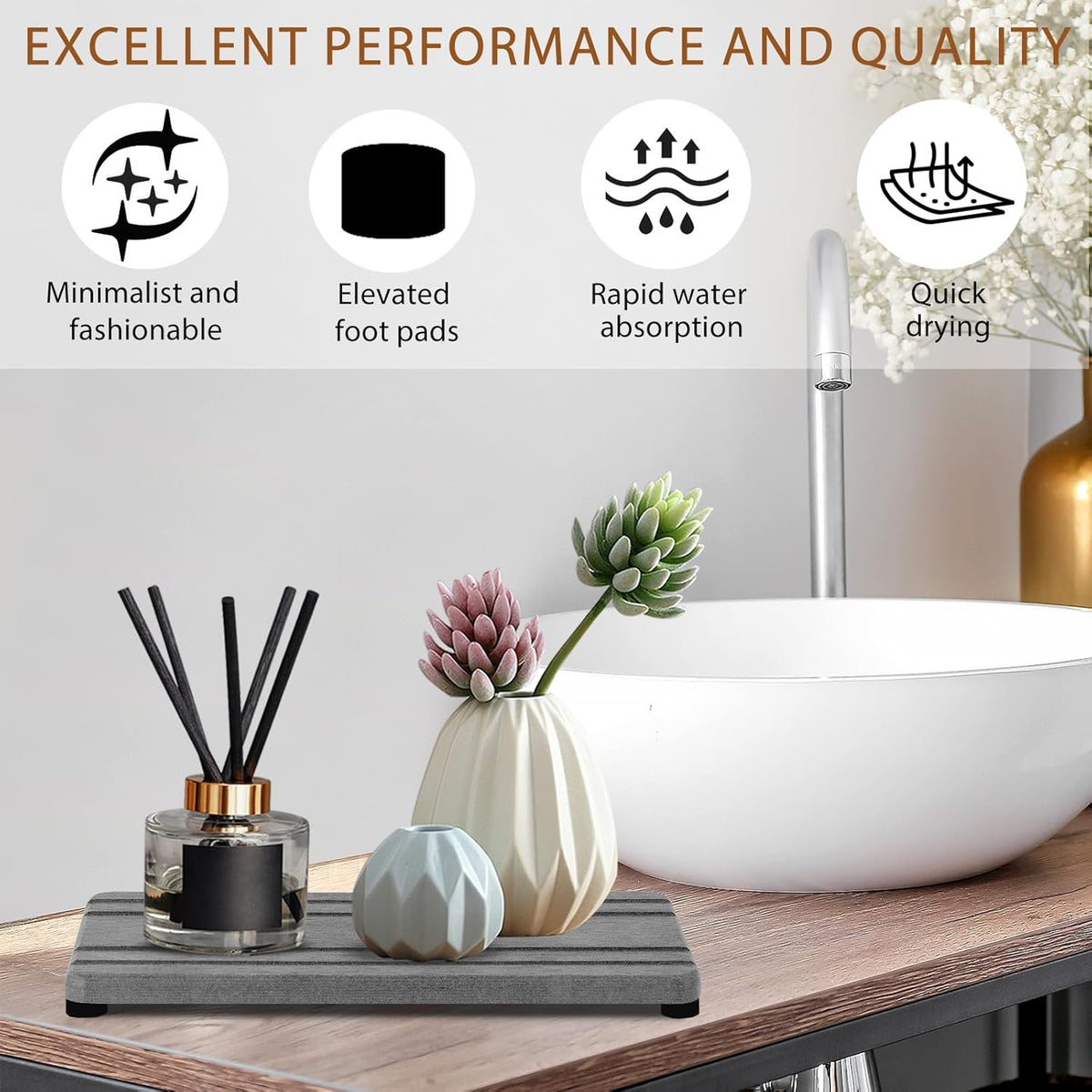 2PCS Water Absorbing Stone Tray, Quick Drying Diatomite Stone Sink Tray, Water Absorbent Diatomite