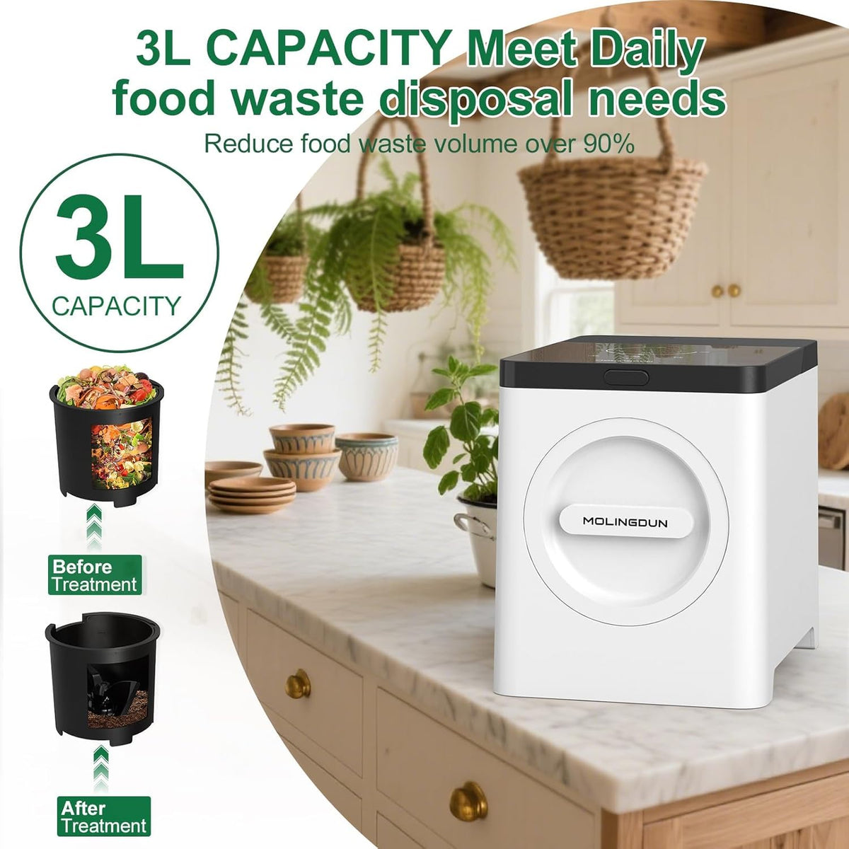 3L Electric Composter for Kitchen, Countertop Compost bin, One Touch Smart Model Handle Kitchen