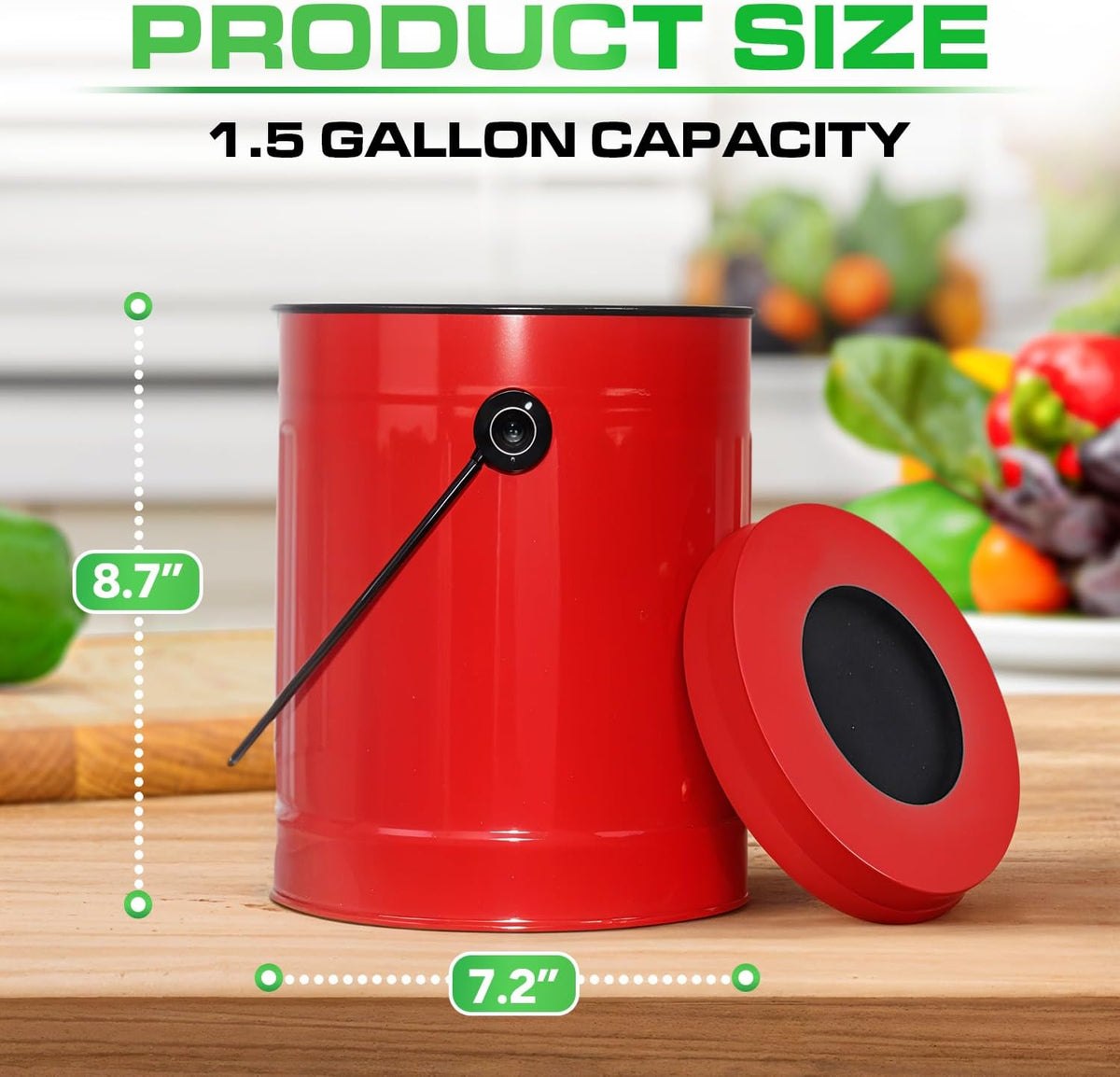 Plexon Countertop Compost Bin Kitchen with Lid, Red 1.5 Gallon Odorless Compost Container, Steel