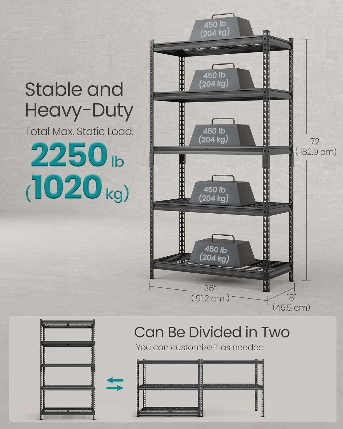 SONGMICS 5-Tier Storage Shelves, Heavy-Duty Garage Shelving, Adjustable Shelving Unit, Steel Shelf
